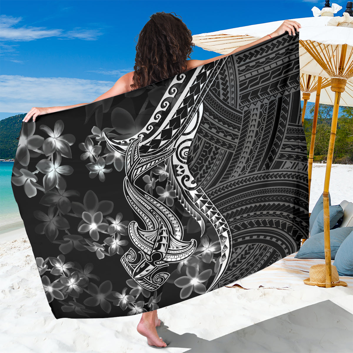 Black polynesian shark tattoo sarong with white plumeria florals and tribal patterns