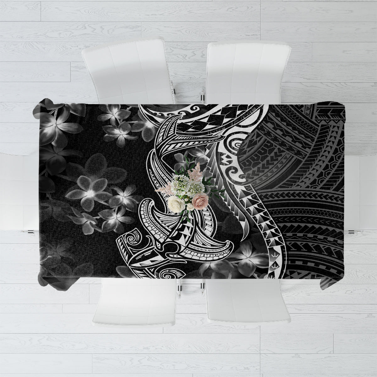 Black Polynesian tablecloth with white shark tattoo and plumeria flower pattern