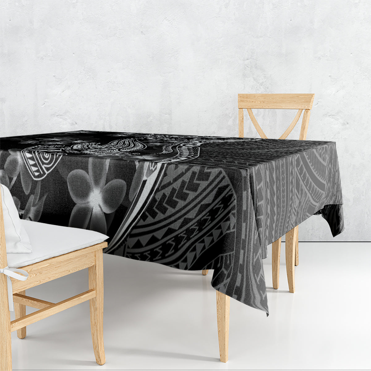 Black Polynesian tablecloth featuring white shark and geometric tribal motifs