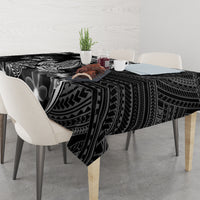 Black Polynesian tablecloth with white shark design, plumeria and tribal stripes