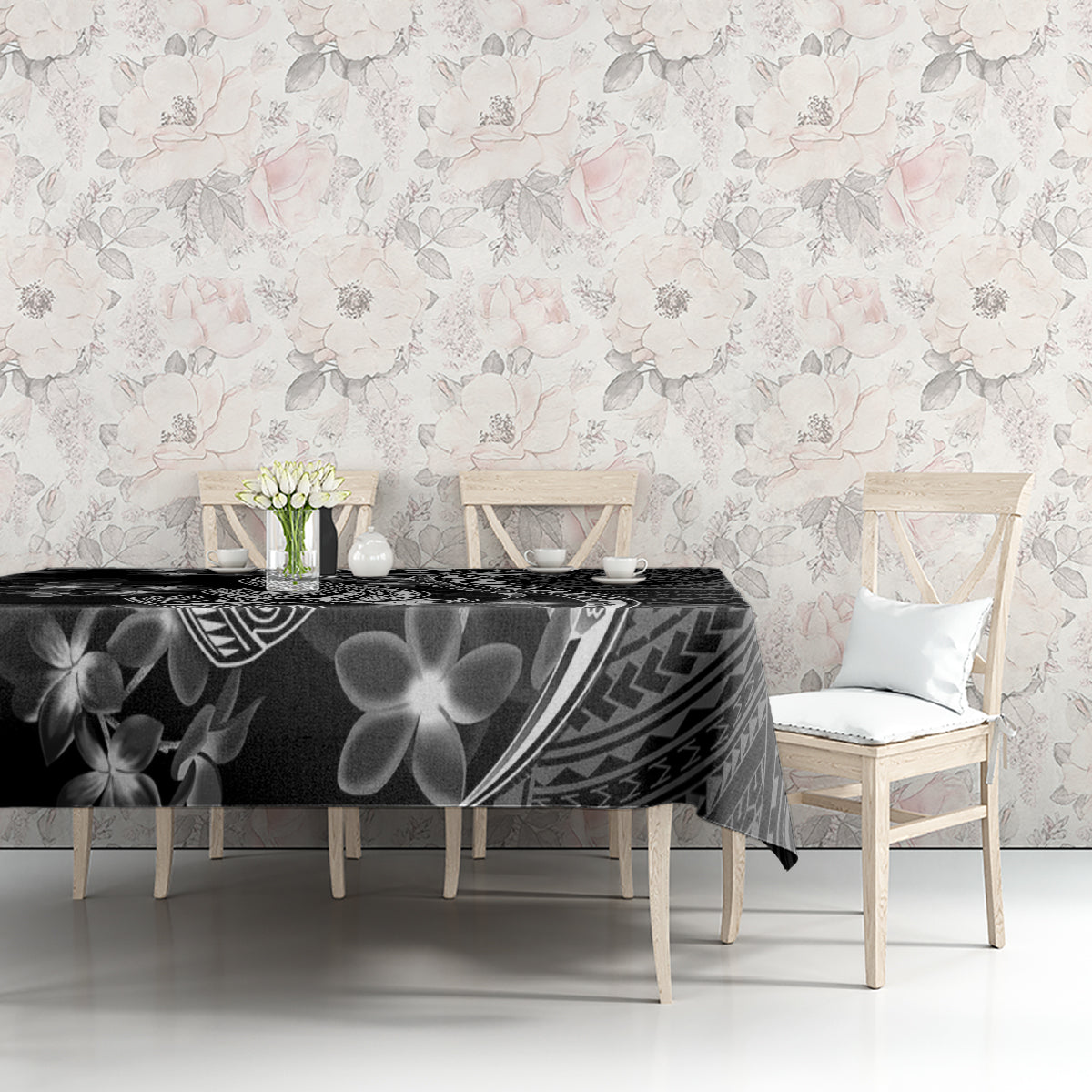 Black Polynesian tablecloth with white shark, flowers, and tribal swirl pattern