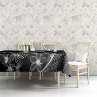 Black Polynesian tablecloth with white shark, flowers, and tribal swirl pattern