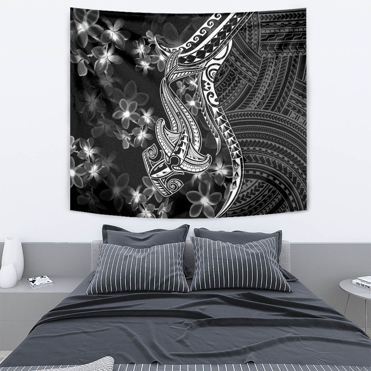 Black wall tapestry featuring a Polynesian shark tattoo with white plumeria flowers