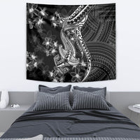 Black wall tapestry featuring a Polynesian shark tattoo with white plumeria flowers