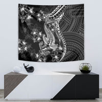 Black wall tapestry with white Polynesian shark design and floral plumeria pattern
