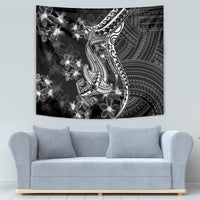 Black wall tapestry showing Polynesian shark tattoo with white flower detail on black