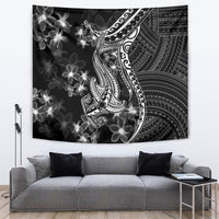 Black wall tapestry with detailed white shark tattoo and plumeria floral cluster