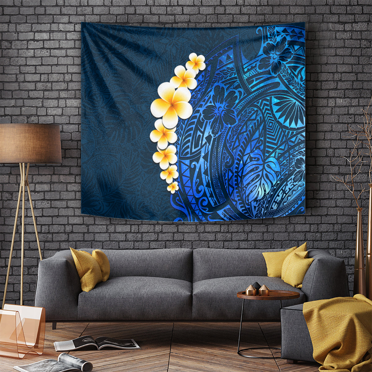 blue-polynesia-tapestry-plumeria-tropical-leaves-with-galaxy-polynesian-art