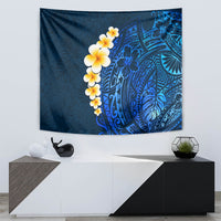 Blue tapestry with plumeria flower garland and Polynesian swirl leaf design