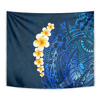 Blue tapestry close-up with plumeria flowers and bold Polynesian tropical patterns