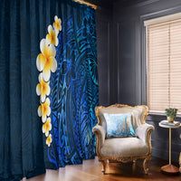 Blue tropical window curtain panels with plumeria flowers and blue Polynesian artwork