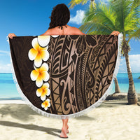 Round brown beach blanket with fringe edge; dark Polynesian design and stacked plumeria flowers