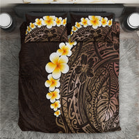 Brown tropical bedding set with plumeria flowers and Polynesian tribal patterns