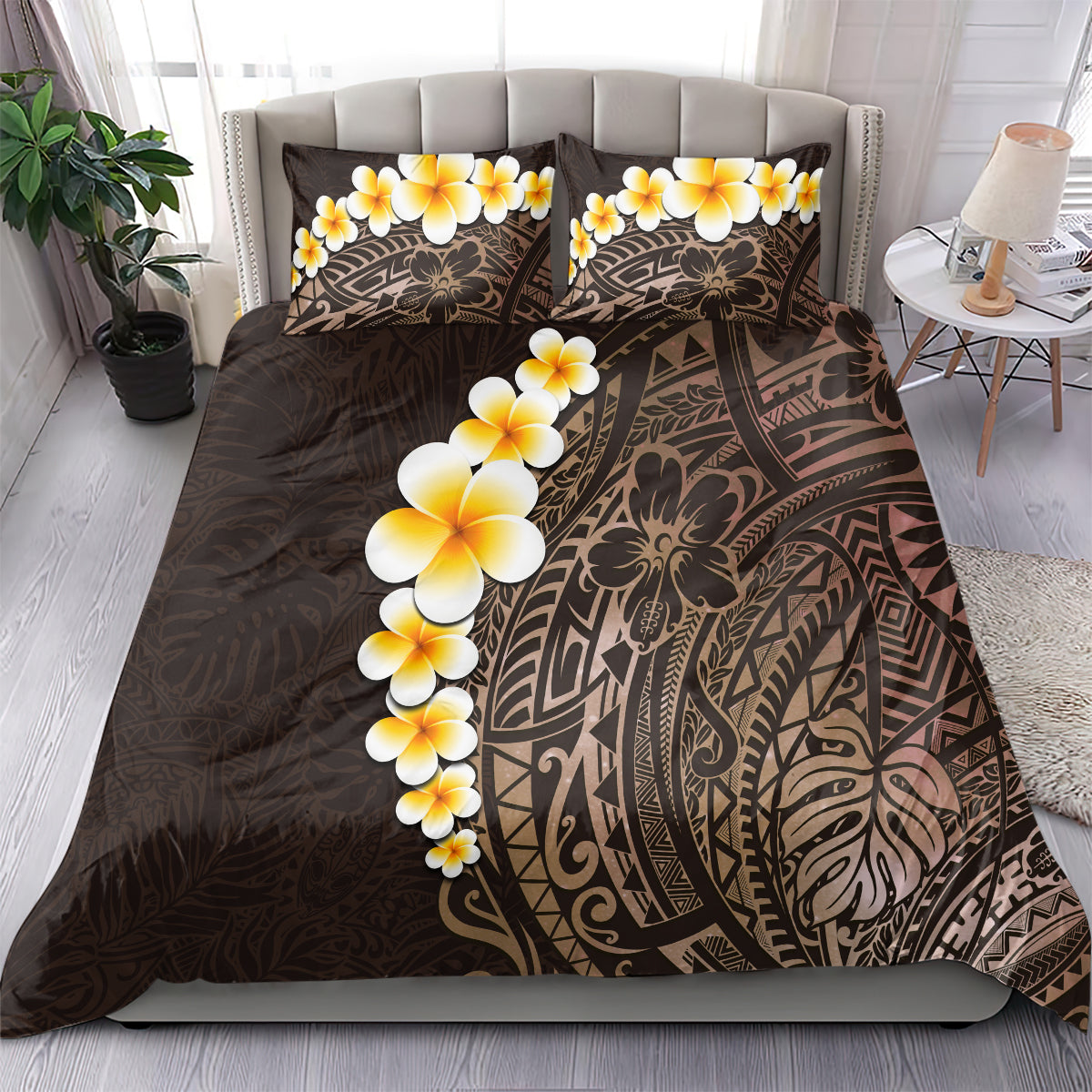 Brown duvet set with matching pillowcases, plumeria flowers over Polynesian motifs