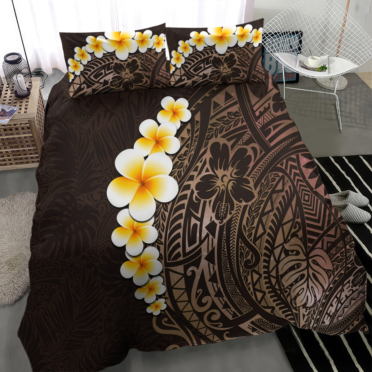 Brown tropical bedding set detail: yellow and white plumeria on tribal Polynesian print