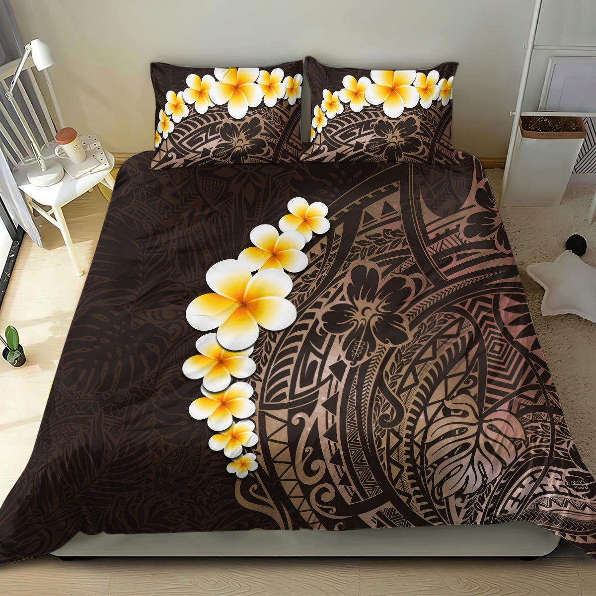 Brown duvet set with bold Polynesian tribal design and large plumeria flowers