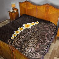 Brown quilt on bed with diamond quilting, plumeria flower garland and Polynesian leaf design