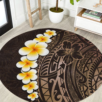 Round brown Polynesian rug with plumeria flowers and geometric tribal pattern