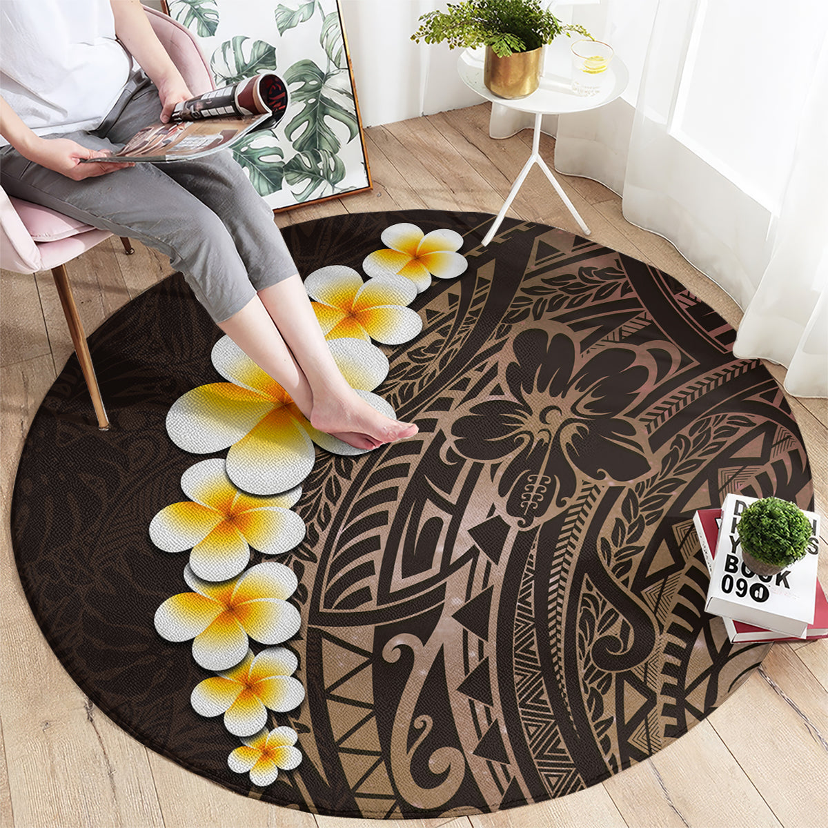 Round brown tropical rug with plumeria cluster and Polynesian-style tribal artwork