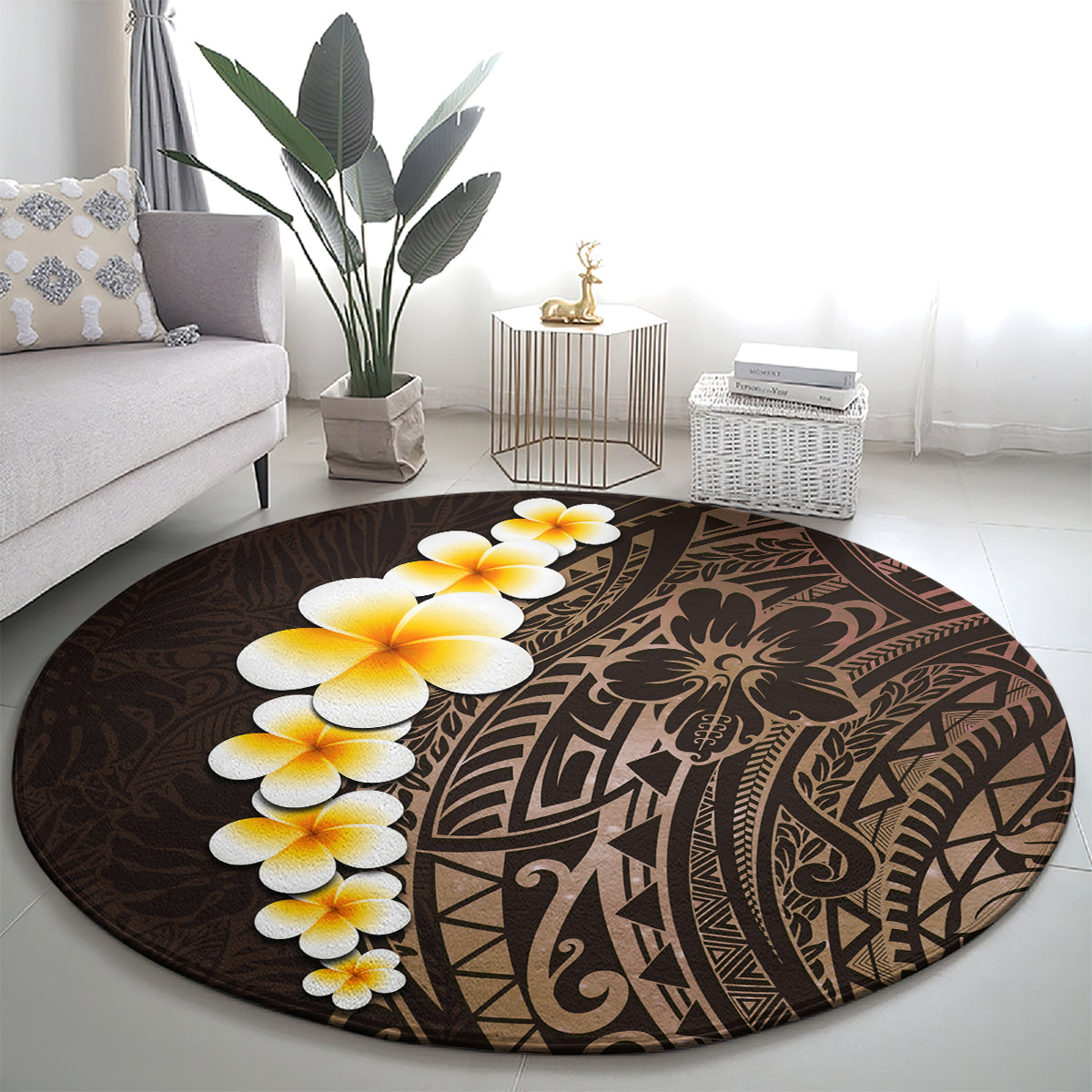 Round brown plumeria tropical rug with ornate tribal figures and spiral motifs