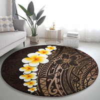 Round brown plumeria tropical rug with ornate tribal figures and spiral motifs
