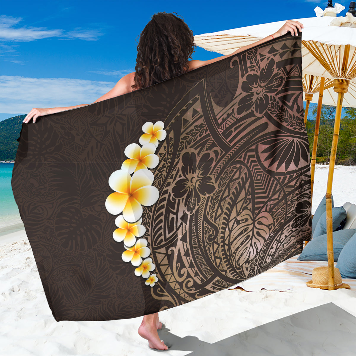 Brown Polynesia Sarong Plumeria Tropical Leaves With Galaxy Polynesian Art - Wonder Print Shop