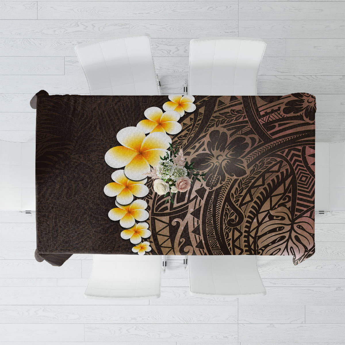 Brown tablecloth with tropical floral plumeria and leaf pattern, galaxy-style artwork.