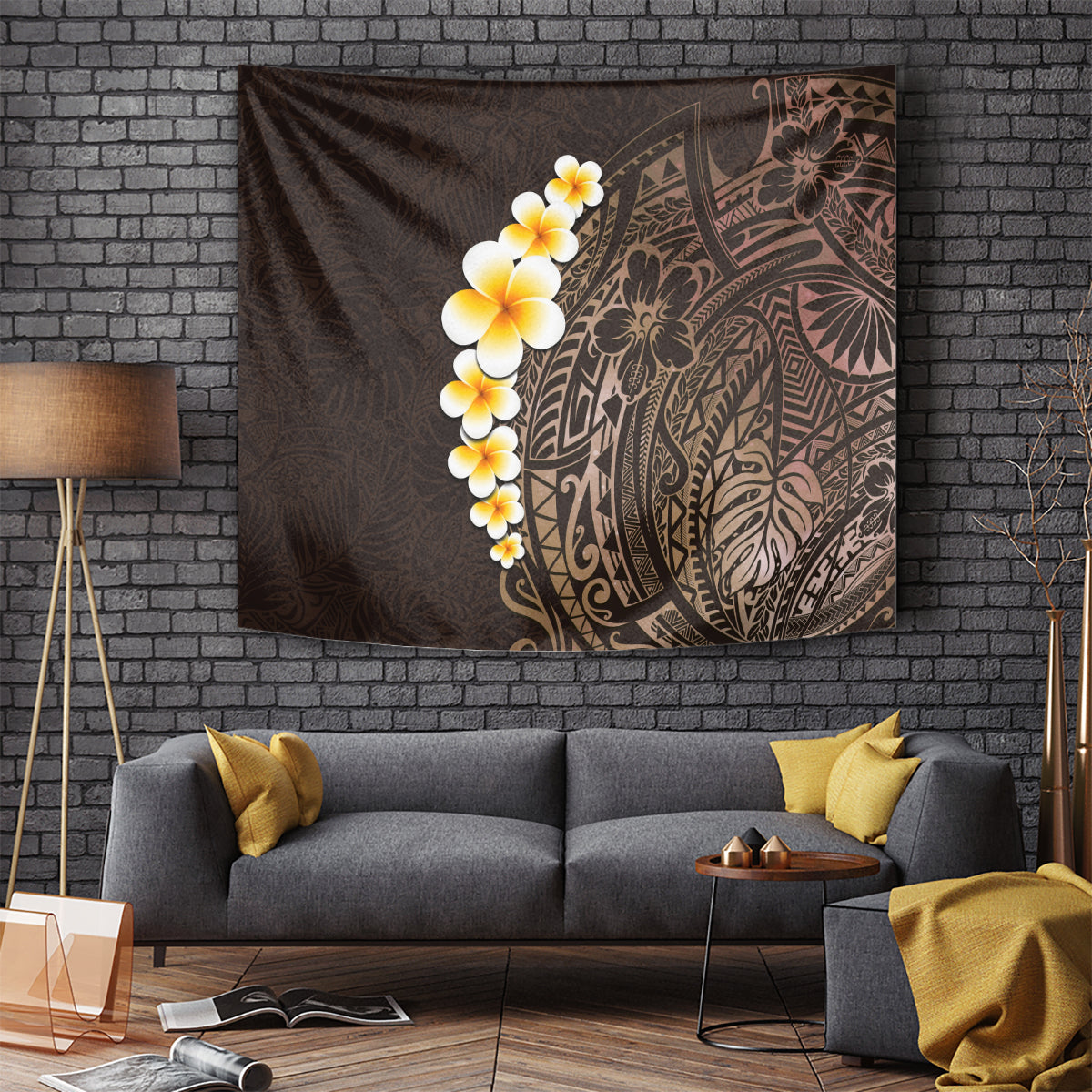 brown-polynesia-tapestry-plumeria-tropical-leaves-with-galaxy-polynesian-art