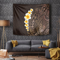 Brown tapestry wall hanging with white and yellow plumeria and Polynesian leaf pattern