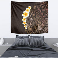 Brown tapestry wall hanging featuring white-yellow plumeria and ornate Polynesian tribal designs