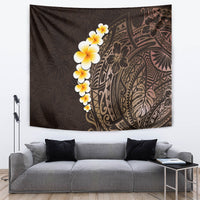 Brown tapestry wall hanging with plumeria flowers and bronze Polynesian patterning