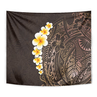 Close view of brown tapestry wall hanging with plumeria and intricate Polynesian leaf motifs