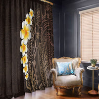 Brown tropical curtain pair with plumeria and Polynesian-style leaf artwork at window