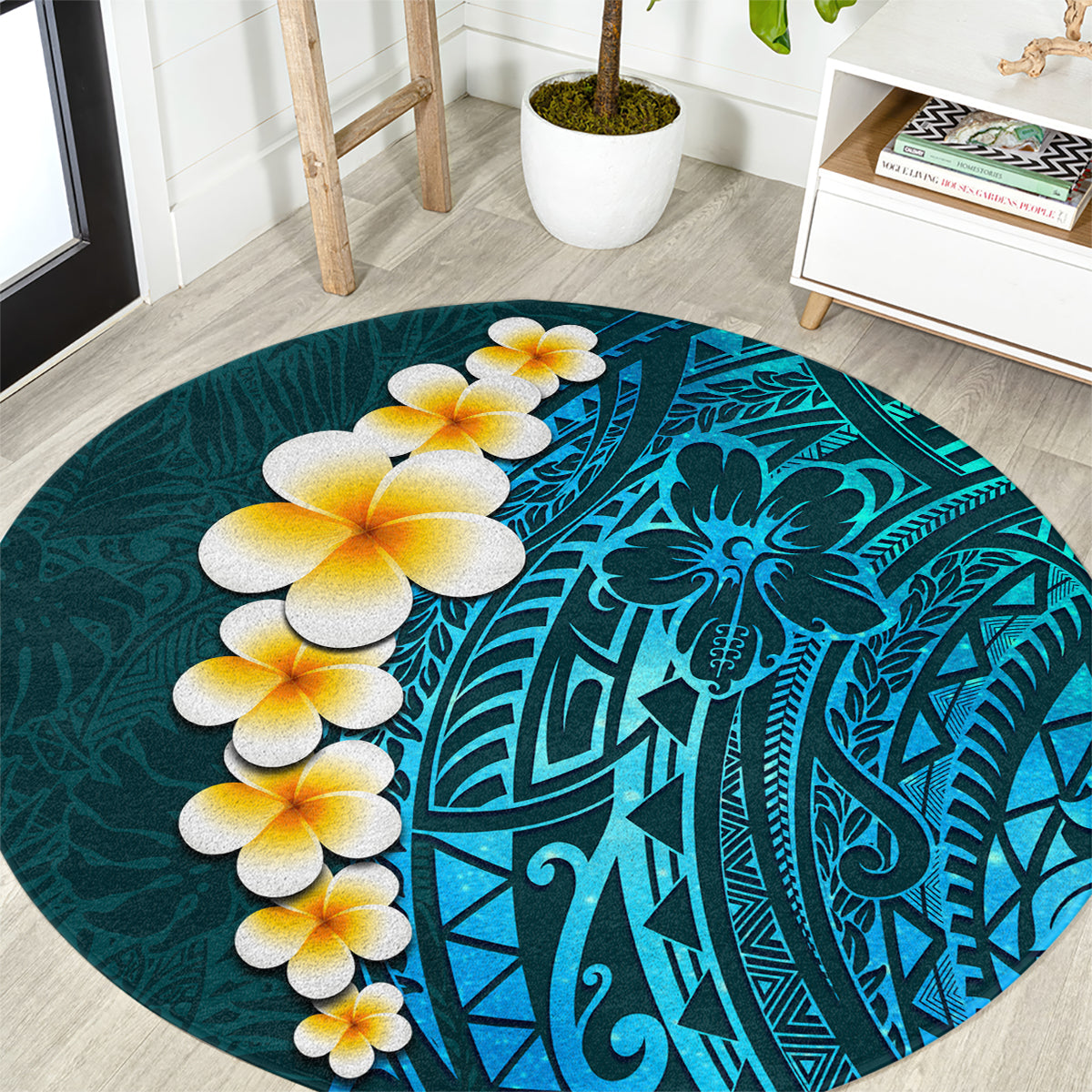 Turquoise round tropical carpet with plumeria flowers and Polynesian leaf pattern