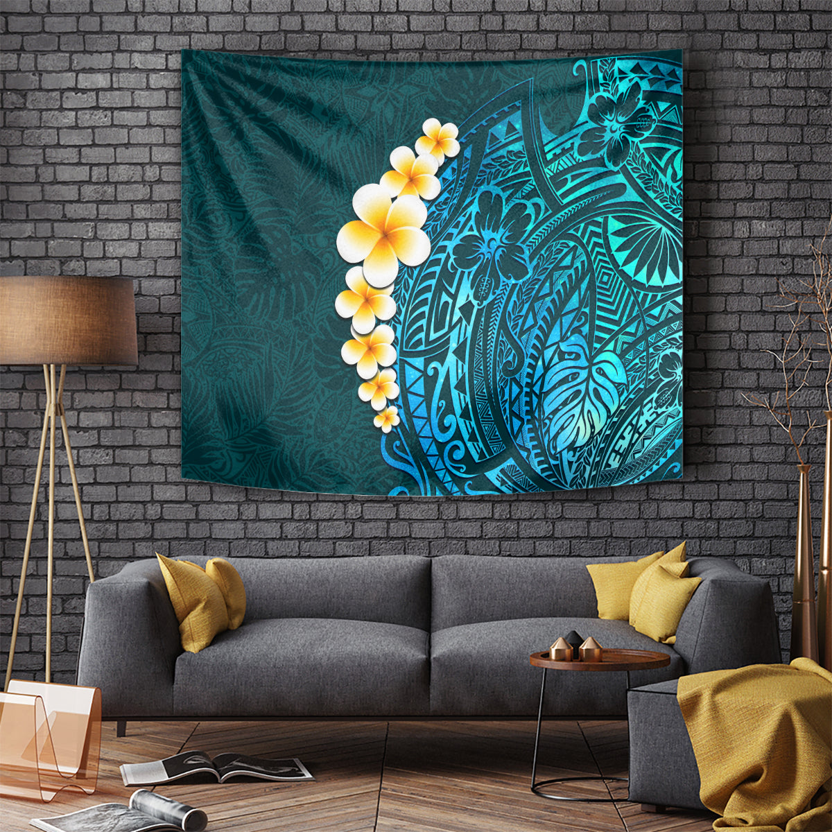 turquosie-polynesia-tapestry-plumeria-tropical-leaves-with-galaxy-polynesian-art