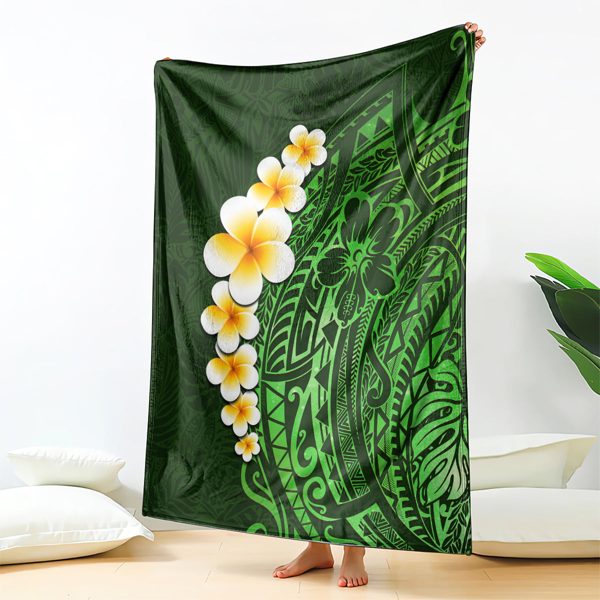 Green tropical plumeria blanket with Polynesian leaf and geometric pattern