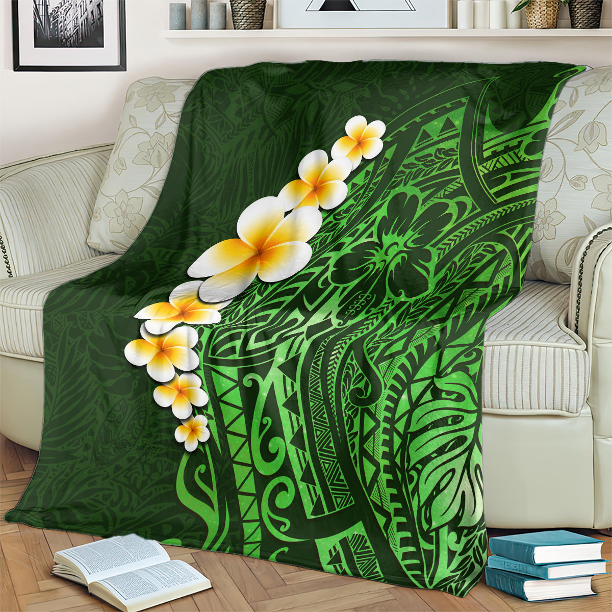 Green plumeria tropical leaf blanket with intricate Polynesian-style designs
