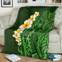 Green plumeria tropical leaf blanket with intricate Polynesian-style designs