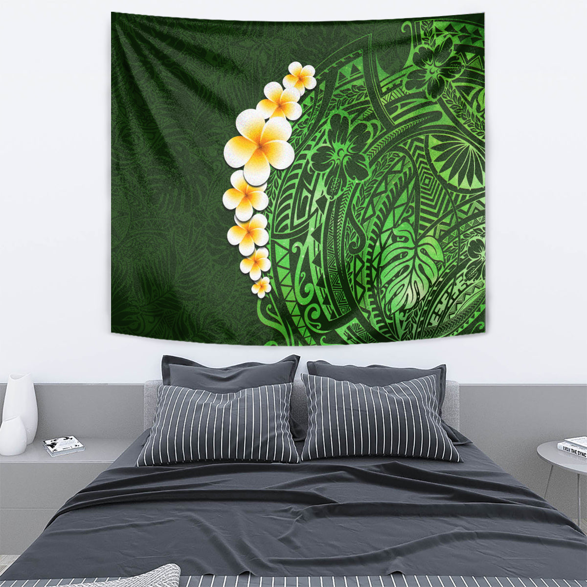 Green wall tapestry with plumeria blossoms and intricate Polynesian leaf artwork