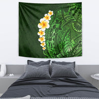 Green wall tapestry with plumeria blossoms and intricate Polynesian leaf artwork
