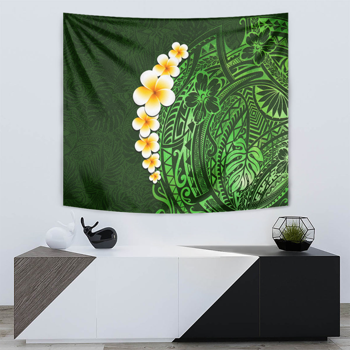 Green tapestry featuring plumeria flowers and patterned Polynesian tropical leaves