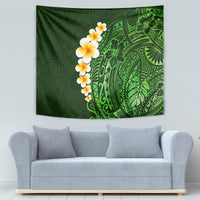 Green tropical wall tapestry with plumeria bouquet and Polynesian leaf motif