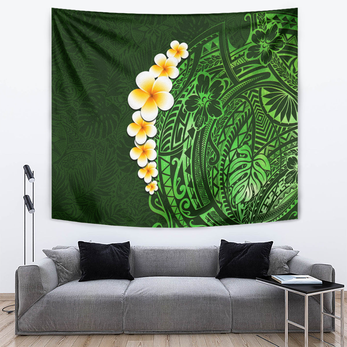 Green tapestry with plumeria blossoms and ornate Polynesian leaf pattern