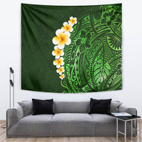 Green tapestry with plumeria blossoms and ornate Polynesian leaf pattern