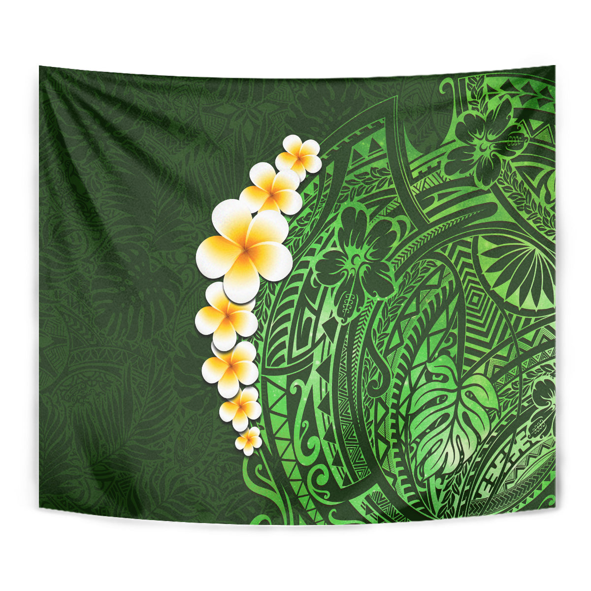 Green plumeria floral tapestry with detailed Polynesian leaf and wave pattern