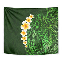 Green plumeria floral tapestry with detailed Polynesian leaf and wave pattern