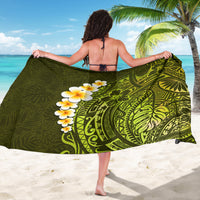 Lime green Polynesian art sarong with plumeria print, shown from back