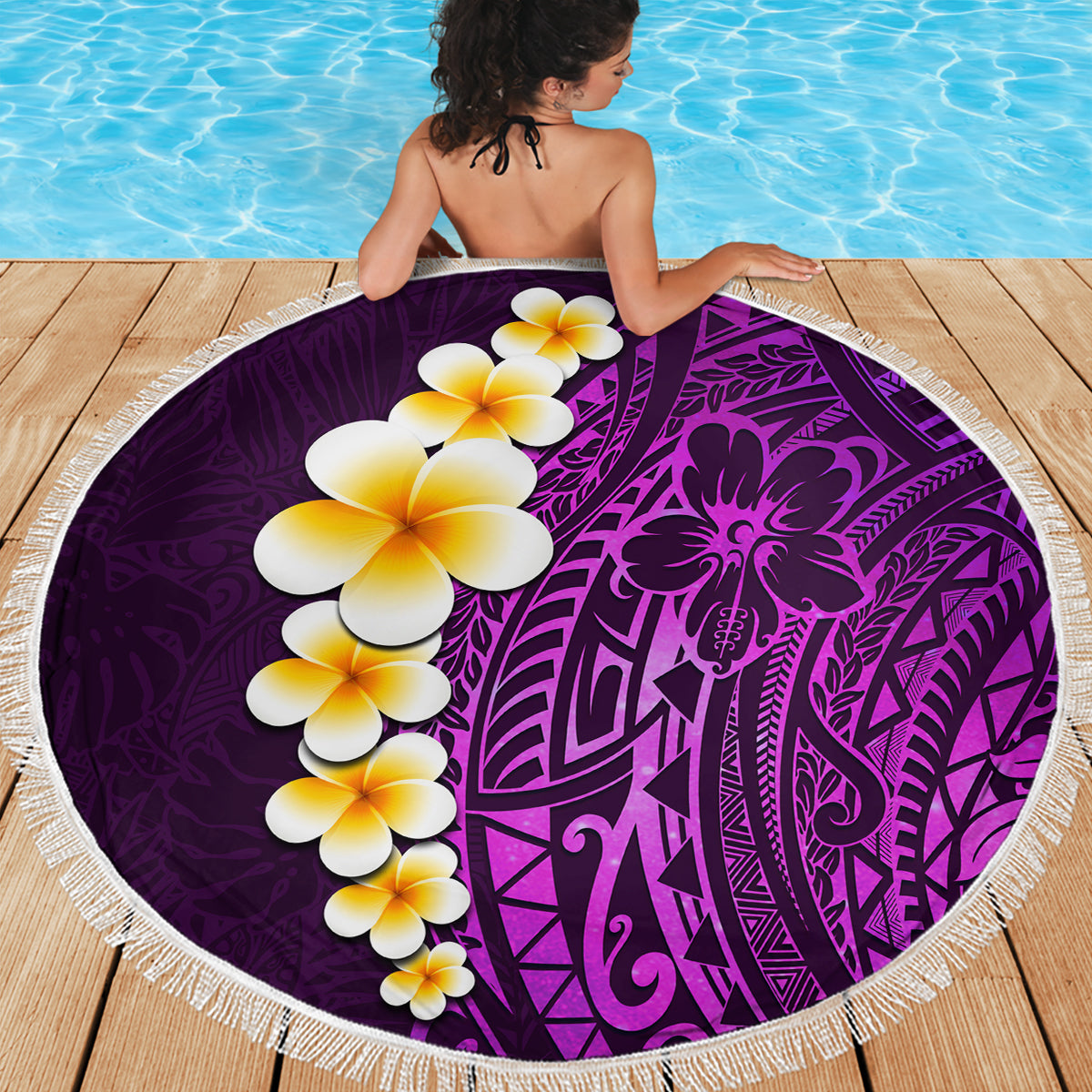 Purple round beach blanket with plumeria and Polynesian tribal design, fringed border