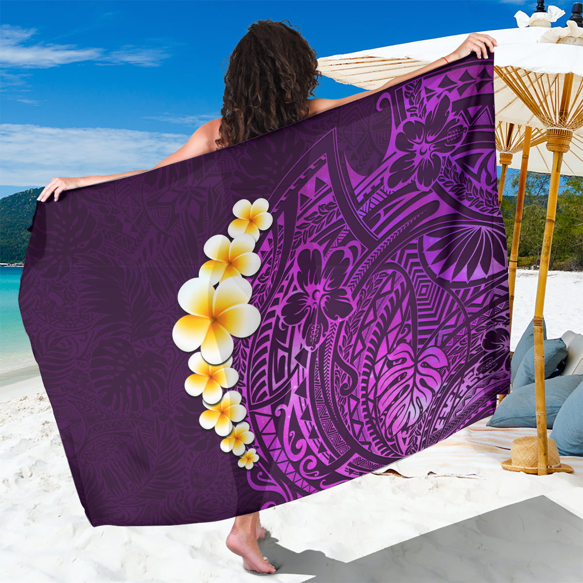 Purple Tropical Plumeria With Galaxy Polynesian Art Sarong - Wonder Print Shop