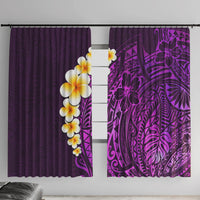 Purple window curtains with white-yellow plumeria and dark purple galaxy tribal pattern.